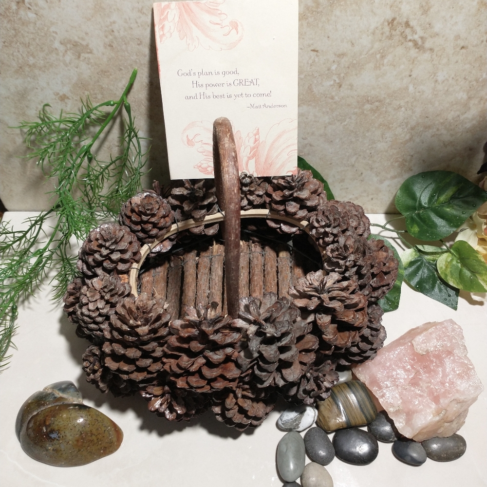 Cottagecore Pinecone Twig Basket Handmade Forest Woodlands Natural Vintage Brown